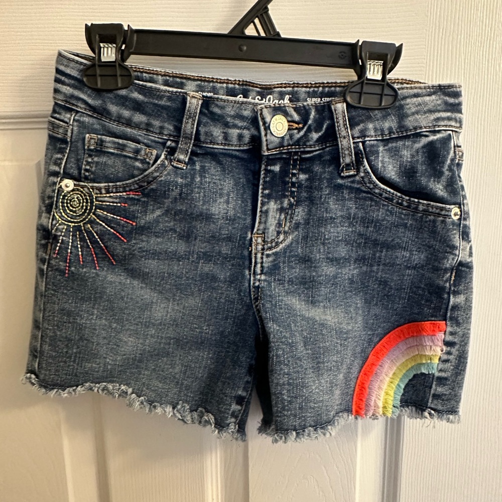 Cat & Jack Girls Kids Size 10/12 Denim Blue Jean Shorts Adjustable Waist Rainbow
